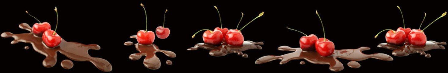 Red cherries with stems dipping into melted chocolate splashes on black background