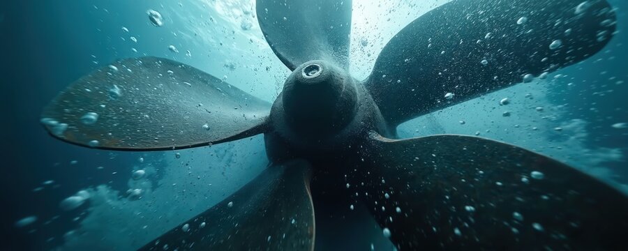 Underwater view of a large ship propeller spinning in blue water with bubbles. Propeller is dark and metallic, creating propulsion for marine transport and cargo vessel.
