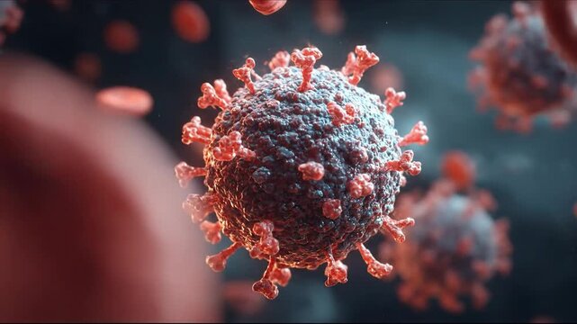 Microscopic 3D medical animation of Coronavirus COVID-19 virus cells and red blood cells floating in human bloodstream