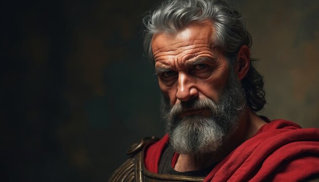 Mature Roman general with grey beard wears red cloak and armor. He looks serious with stern face and intense eyes. Artwork displays power and leadership in ancient times.