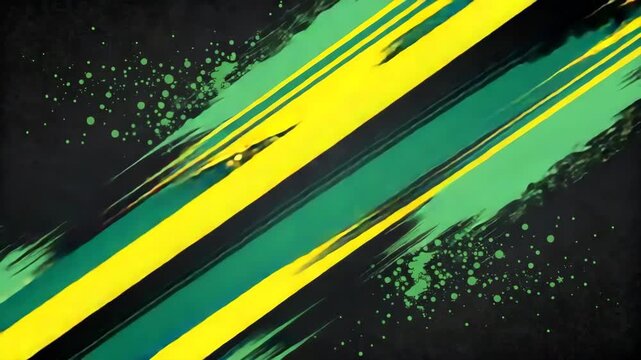 Dynamic yellow and green diagonal lines moving across a dark grunge background with paint splatters for an abstract energy concept and motion graphic design