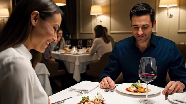 A couple enjoying a romantic dinner in an elegant restaurant.