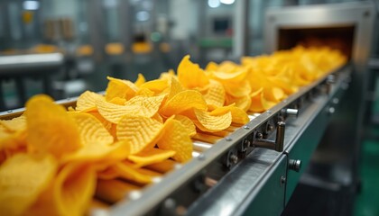Potato chips move along an automated conveyor belt in a food manufacturing plant. The crisp snacks are ready for packaging and distribution to markets.