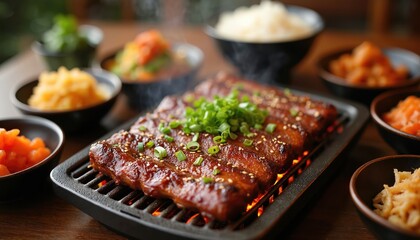 Marinated pork ribs grill on hot coals with fresh scallions. Delicious Korean BBQ feast with rice and side dishes served at table. Savoury meal offers a delightful dining experience.