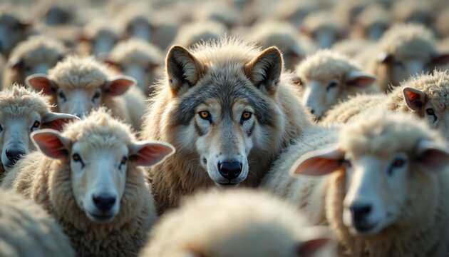 Wolf hides in sheep flock. Dangerous predator pretends to be harmless farm animal. Deception, danger metaphor for disguise, betrayal, hidden threat in society. One wolf amongst many innocent sheep.