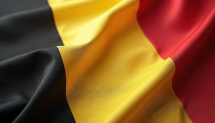 Woven Belgian flag with black yellow and red vertical stripes. Fabric ripples gently showing texture and national colors. Smooth textile waves in soft light, representing country pride.
