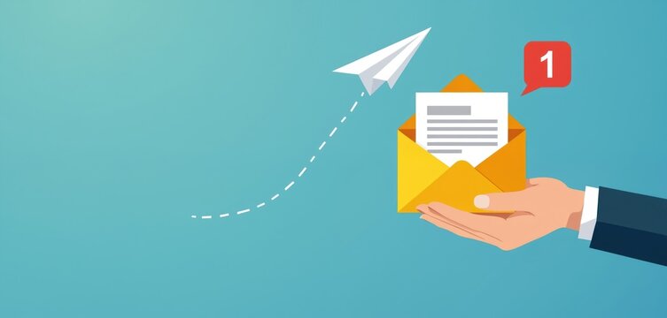 Hand holds open envelope with paper. Paper airplane flies from envelope with notification. Email marketing concept. Direct sales scheme. Client list for mailing. - Powered by Adobe