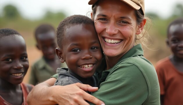 Woman hugs young African child warmly outdoors. Smiling volunteer offers help and support to needy kids. Love, care and compassion shown in community.