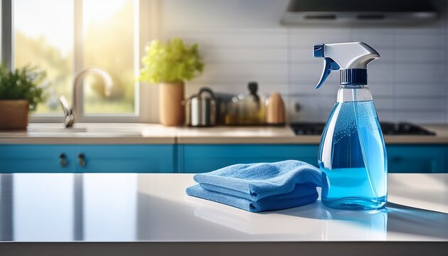 cleaning spray bottle with blue liquid disinfecting kitchen counter with cloth on surface in bright room