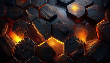 intricate dark hexagonal rock formations with warm golden highlights creating a dramatic natural texture backdrop for design