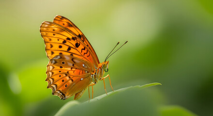 Obraz premium Elegant orange butterfly resting on a green leaf natural scene