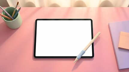 Digital tablet mockup on a pink desk with a pencil, purple notebook, and sticky notes under sunlight.