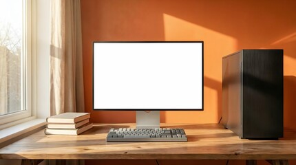 Home office workspace with a desktop computer mockup on a wooden desk near a sunlit window.