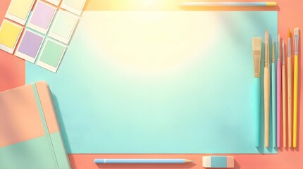 Flat lay of an artist desk with sketchbooks, paintbrushes, and color swatches on a turquoise background under sunlight.