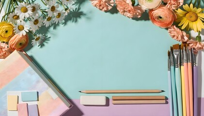 Aesthetic artist workspace with paintbrushes, notebooks, and a frame of white and orange flowers on light blue background.