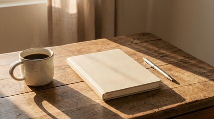 Warm rustic wooden desk setup with a beige notebook, coffee mug, and pen under strong afternoon sunlight.