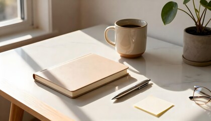 Workspace flat lay with notebook, pen, coffee mug, eyeglasses, and small potted plant on a white marble desk.