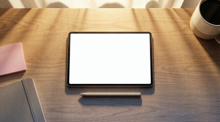 Tablet mockup on a rustic wooden desk with a notebook and coffee mug under warm sunlight through blinds.