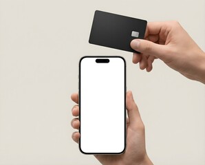 Hand holding a smartphone with a blank white screen and a black credit card for mobile payment.