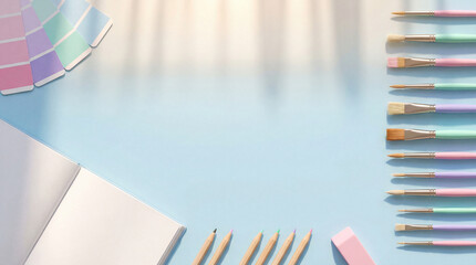 Creative workspace flat lay with pastel paintbrushes, color palette swatches, and a notebook on a light blue background.