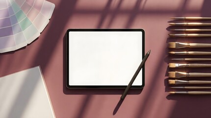 Digital artist mockup featuring a tablet with a blank screen, stylus, brushes, and color swatches on a maroon background.