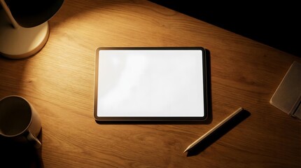 Dramatic top view of a digital tablet with a blank screen on a dark wooden desk under a warm lamp.