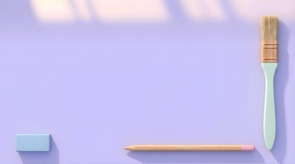 Minimalist purple workspace with an eraser, pencil, and large paintbrush on a solid lavender background.