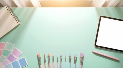 Bright mint green artist desk with a tablet mockup, sketchbooks, color swatches, and many paintbrushes.