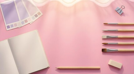 Feminine pink workspace with an open notebook, paintbrushes, color palette, and gold paper clips.