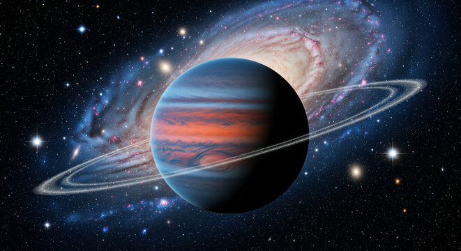 Majestic planets aligned across a vibrant cosmic tapestry, showcasing dazzling spiral galaxies, colorful nebulae, and countless stars in the boundless universal expanse