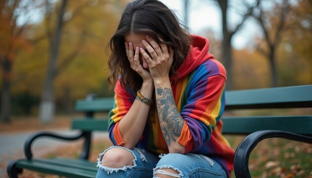 Sad woman with rainbow hoodie sits alone on park bench. Her face is hidden by hands, showing tattoos on her arm. Autumn leaves fall around her.