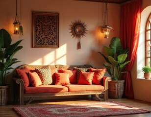 Moroccan living room with plush orange sofa, patterned cushions, and hanging lanterns. Tall green plants frame the scene, with warm sunlight filtering through an arched window and red drapery.