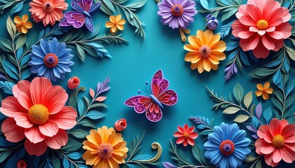 Vibrant paper cut style illustration features diverse floral arrangements, colorful butterflies on teal background. Delicate petals, leaves form decorative patterns, suitable for spring themes