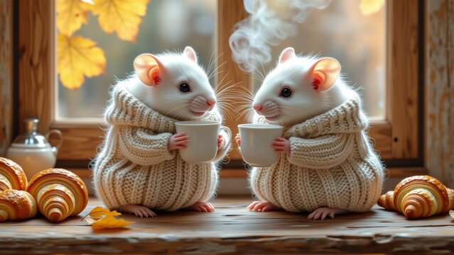two white mice sitting wooden table front window both wearing knitted sweaters holding white mugs their hands mice facing appear enjoying company background blurred appears cozy autumn scene yellow - Powered by Adobe