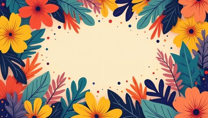 Colorful illustration borders a light background with various blooming flowers and rich leaves. This design evokes feelings of spring, summer, and natural beauty.