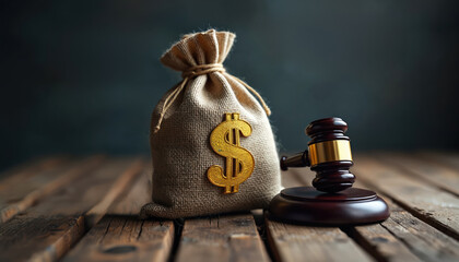 Money bag with dollar sign rests on wooden table near judge gavel. Represents finance, law, justice, and legal disputes. Symbolizes court case, financial settlement, or legal action.