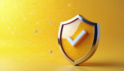 3D shield emblem with check mark signifies network safety. Hexagon pattern and transparent sphere suggest advanced cyber security measures. Data protection affirmed.