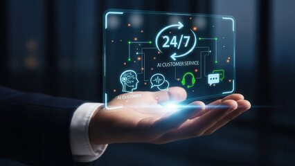 Closeup Businessman Hand hand holding a virtual interface showing 4 7 AI customer service icons, representing around-the-clock support, artificial intelligence and digital communication technology
