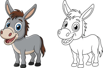 Smiling Cartoon Baby Donkey Vector with Outline for Coloring Book Page