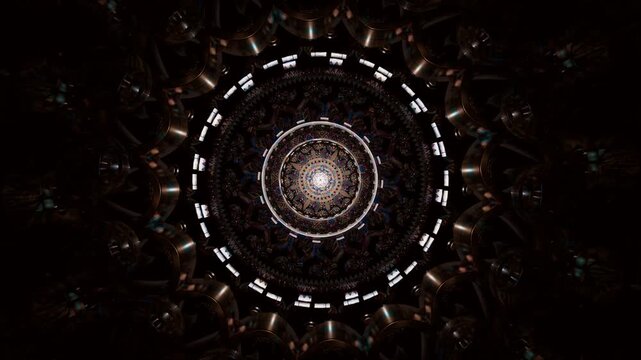 Cinematic mandala pattern with bold symmetry and detailed geometry, abstract kaleidoscope backdrop for events, live visuals and chill meditation scenes, ideal for digital art backgrounds and VJ