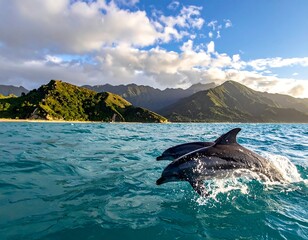 Two dolphins leaping from turquoise ocean near green mountains