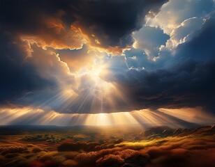 majestic sunbeams and crepuscular rays breaking through dark dramatic storm clouds in the sky