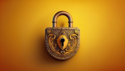 timeless security an antique padlock its aged surface hinting at tales untold rests against a bold yellow backdrop