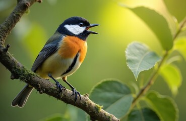 Obraz premium A small tit bird with orange chest and black head sits on a mossy tree branch. Its beak is open as if singing. Soft green foliage and bright sunlit background.
