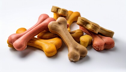 dog treats in bone shapes on a white background concept of pet food dog snacks and animal care