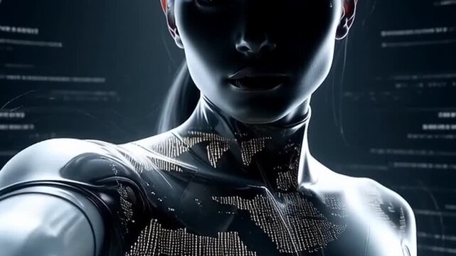 A futuristic robotic woman with a shiny metallic body and digital face in a dark video