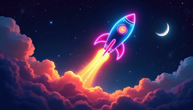 Neon rocket ascends through colorful clouds into starry night sky. Crescent moon observes spacecraft journey. Bold retro sci fi style for cosmic adventure themes.
