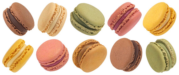 Macarons cookies mix isolated on white background, full depth of field