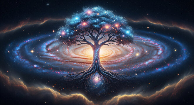 Enchanting Cosmic Realm Luminous Crystal Islands Floating Amidst a Vibrant Galaxy, Revealing a Mysterious Fantasy Landscape with Ancient Gateways