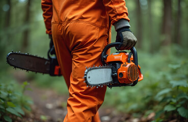 Person in orange protective suit carries chainsaw through green forest. Lumberjack prepared for work in woods with powerful tool. Safety gear ensures secure job cutting trees outdoors.